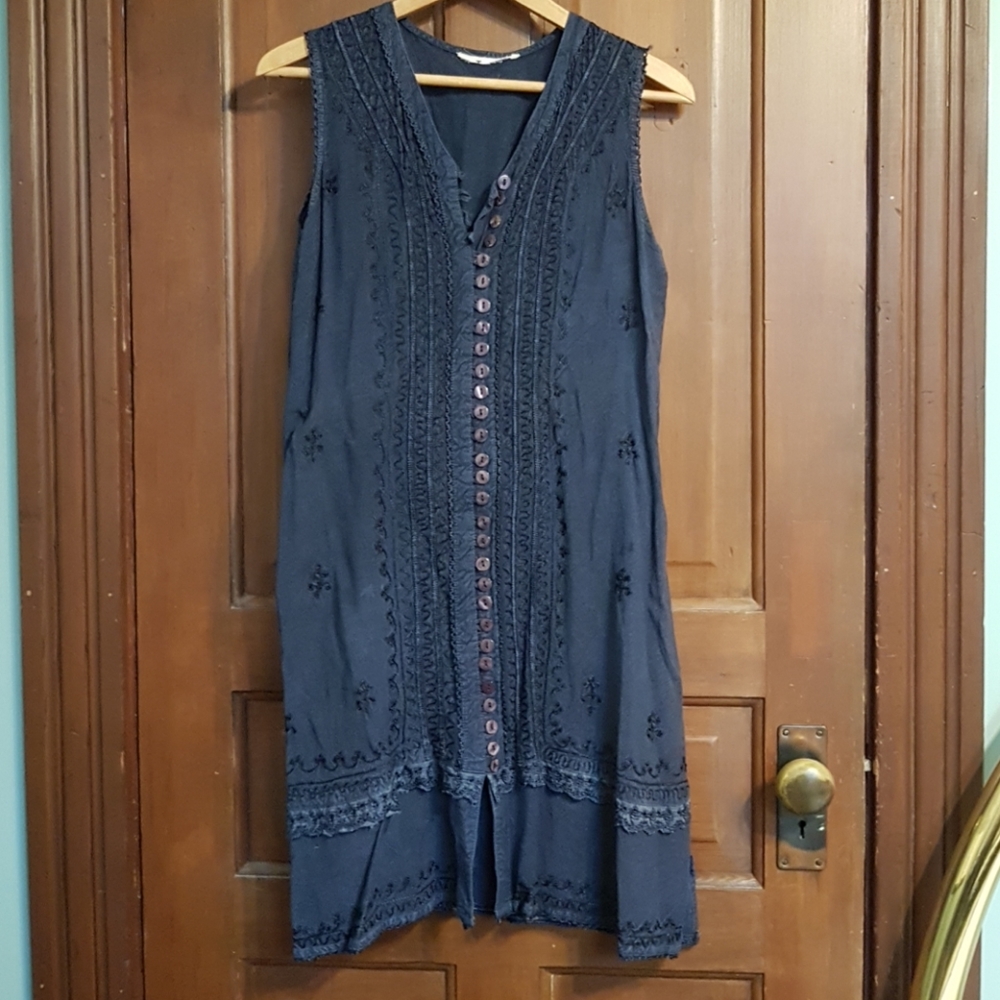 Deep Blue Embroidered Button Down Sleeveless Dress